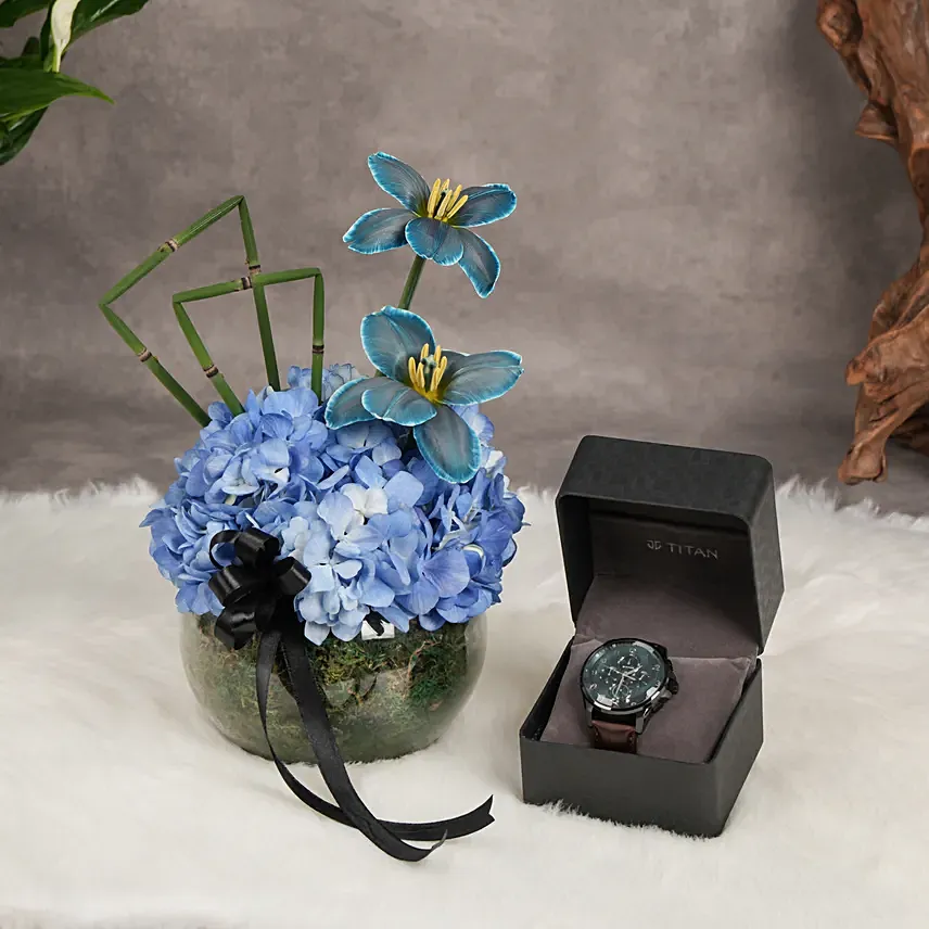 Titan Watch For Him Blue Dial, Floral Arrangement: Branded Gifts