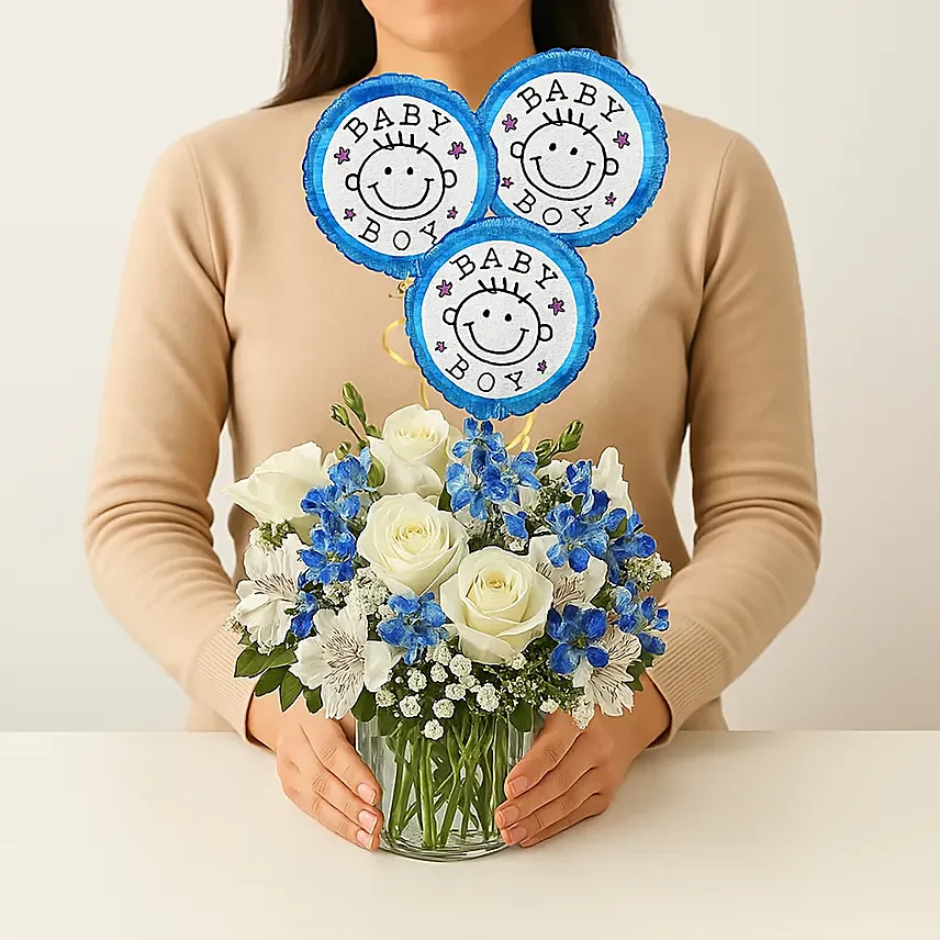 Blue and White Flower Arrangement With Balloons: Gifts Combos 