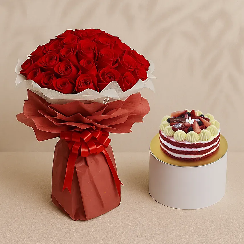 Majestic Red Roses With Red Velvet Birthday Cake: 