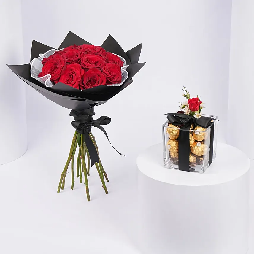 Red Roses Bouquet With Ferrero Rocher Chocolates: Send Gifts to Saudi Arabia from UAE